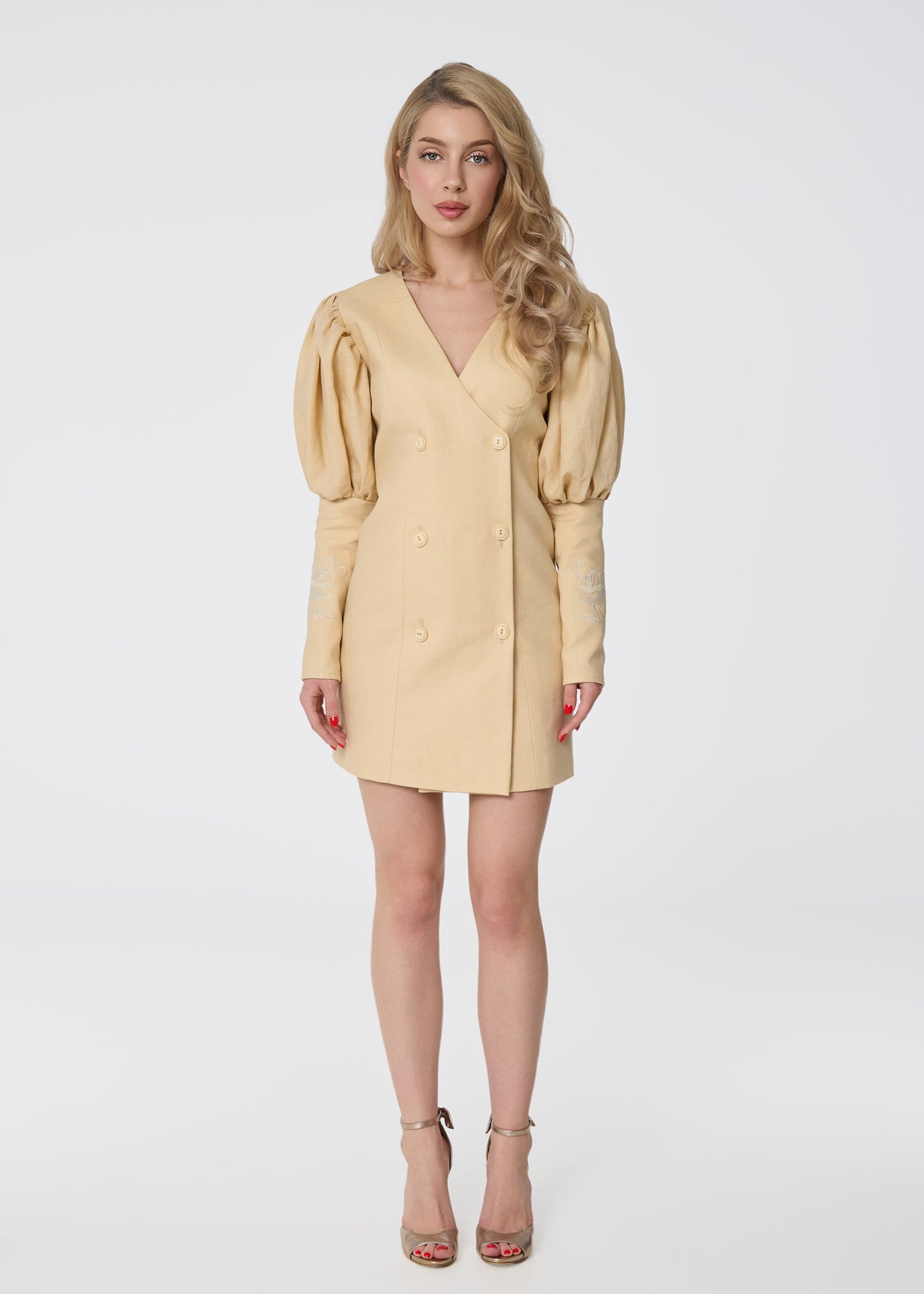 Rose Embroidered Linen Blazer Dress- Beige