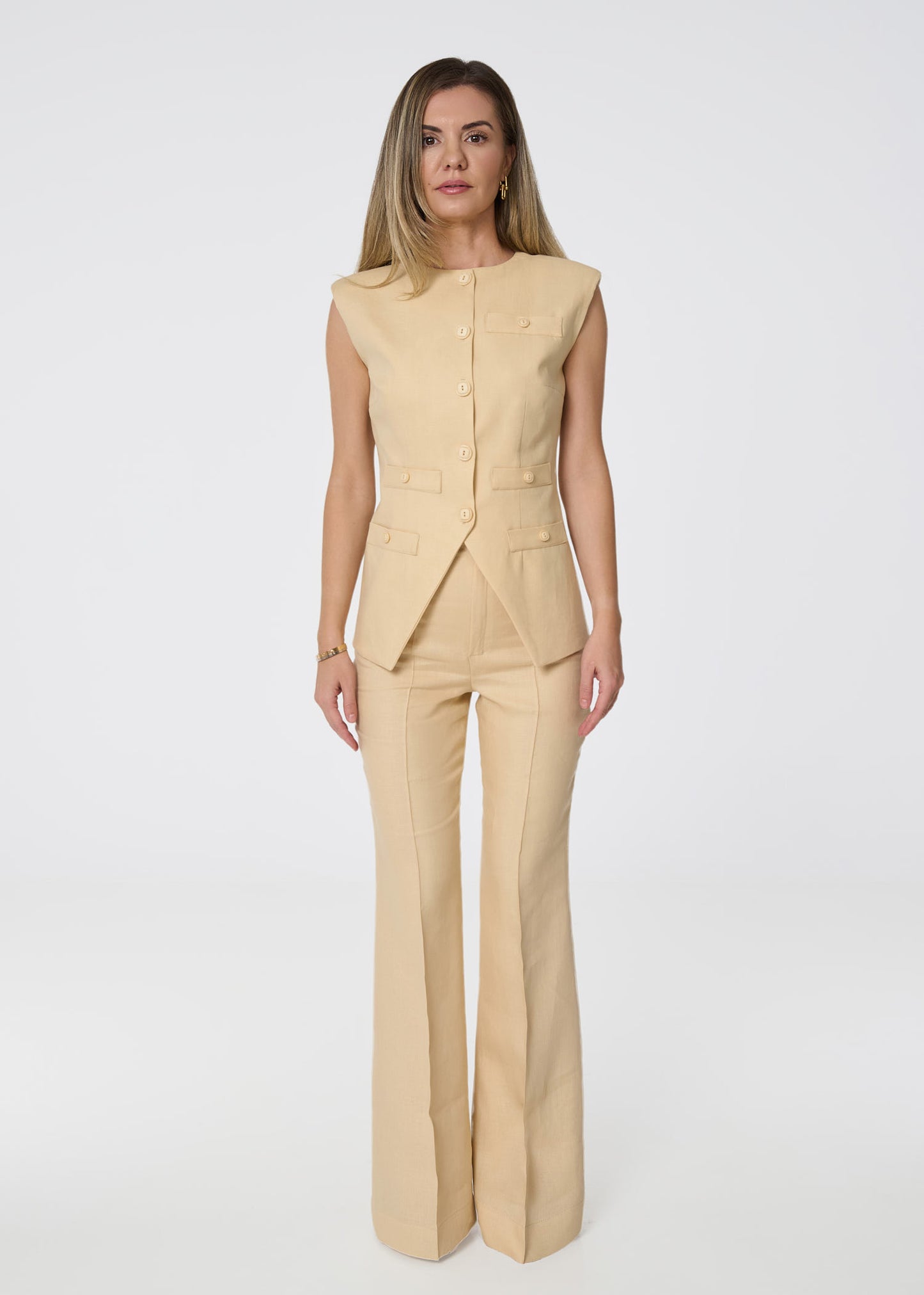 Linen High-Waist Flared Pants – Beige