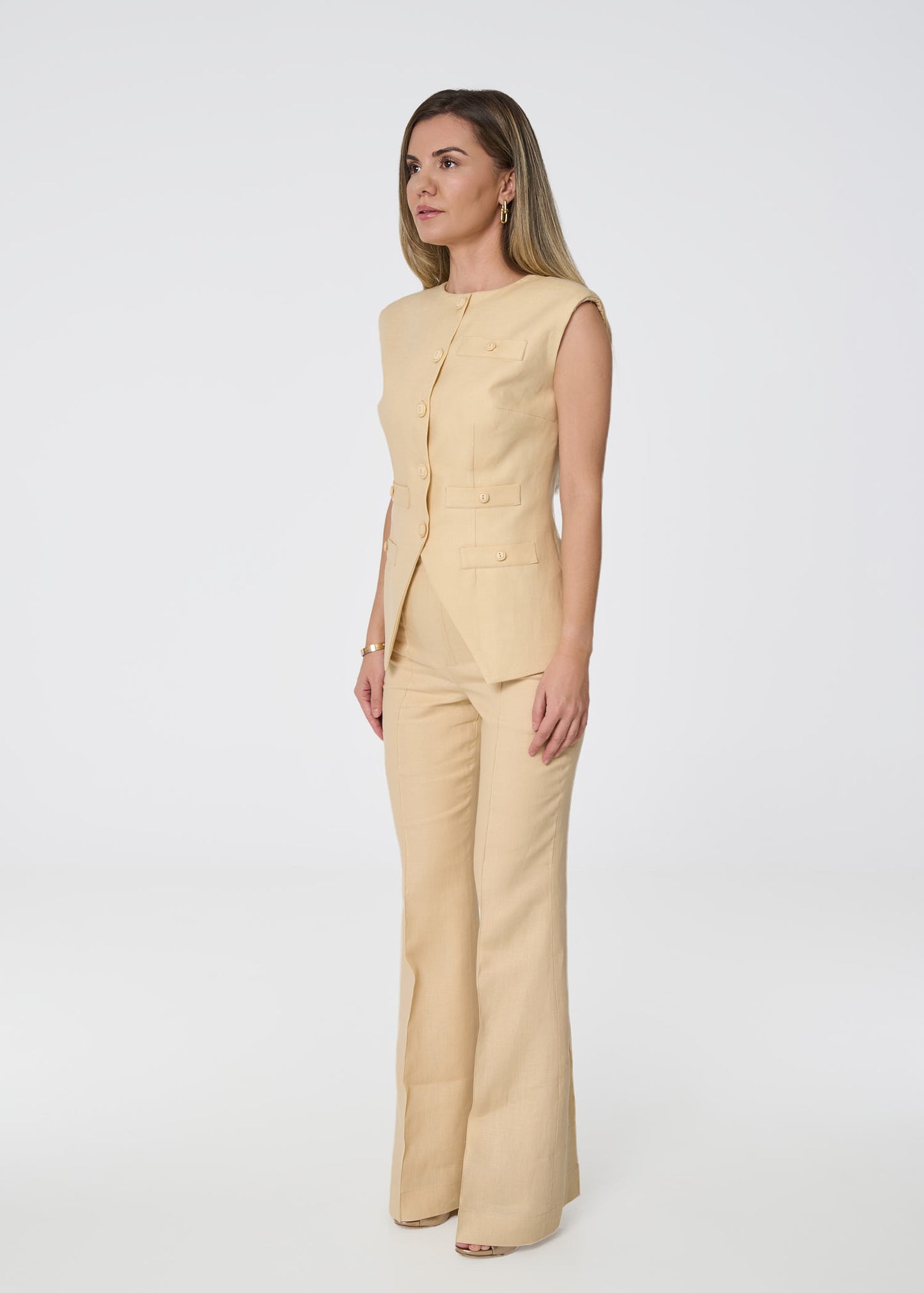 Linen High-Waist Flared Pants – Beige