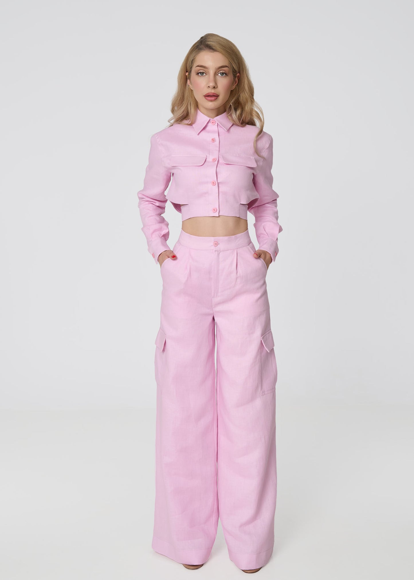 Linen Cropped Shirt with Tie Detail- Pink