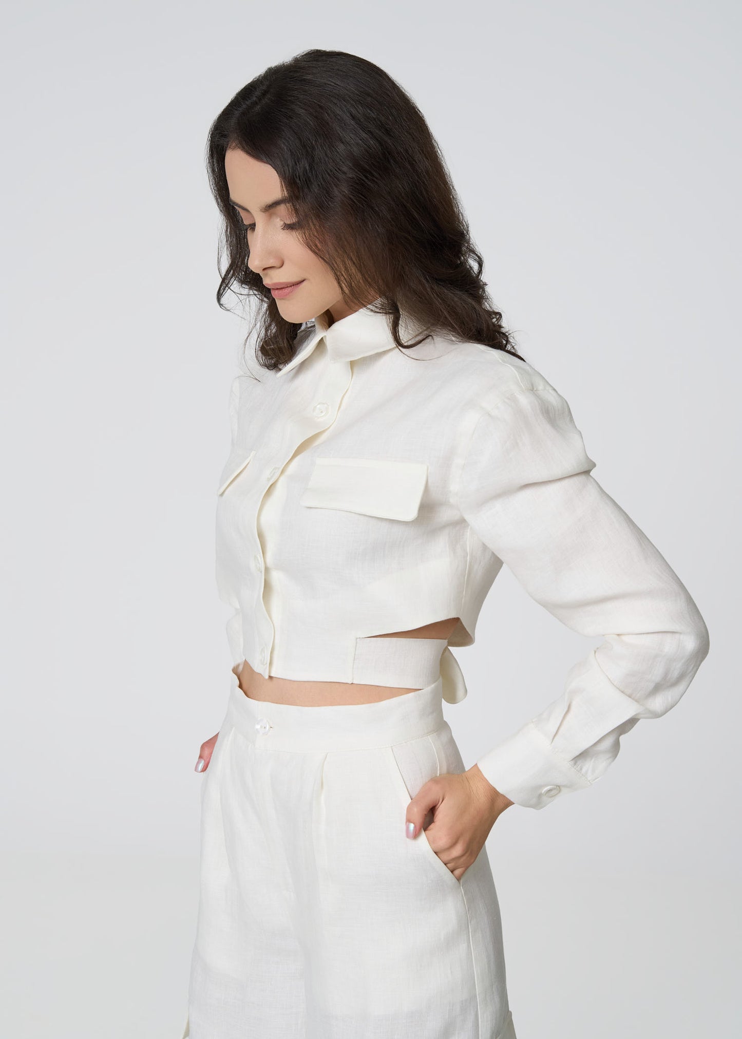 Linen Cropped Shirt with Tie Detail- Ivory