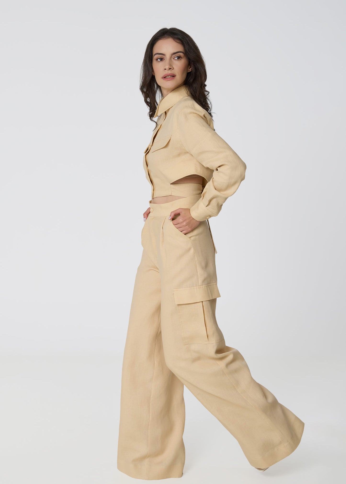 Linen Cropped Shirt with Tie Detail- Beige
