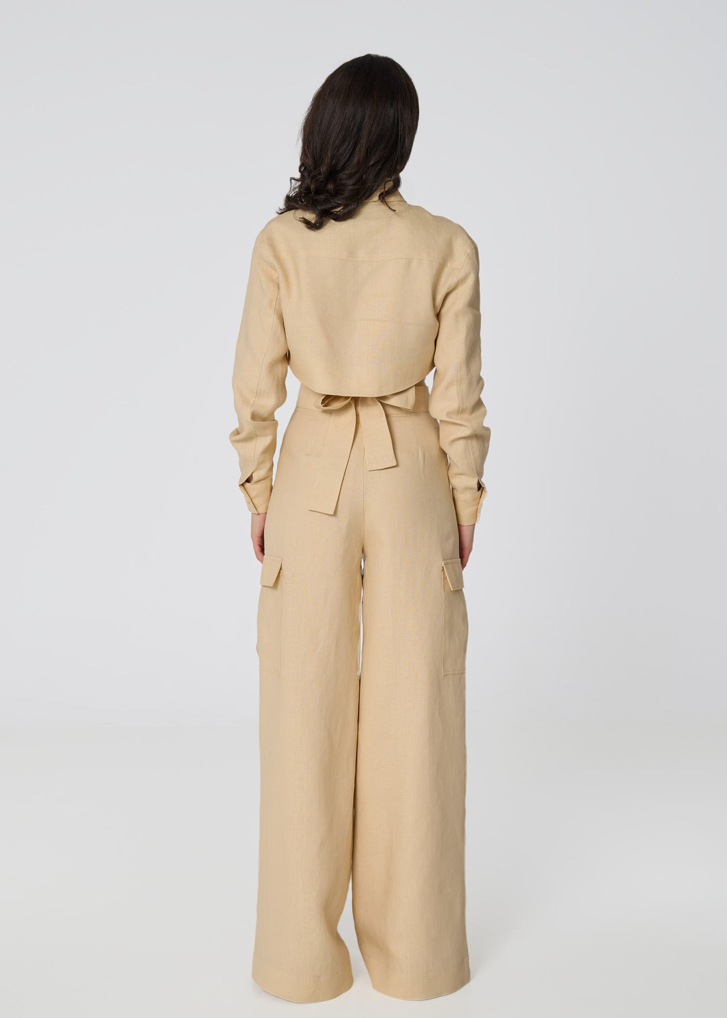 Linen Cropped Shirt with Tie Detail- Beige