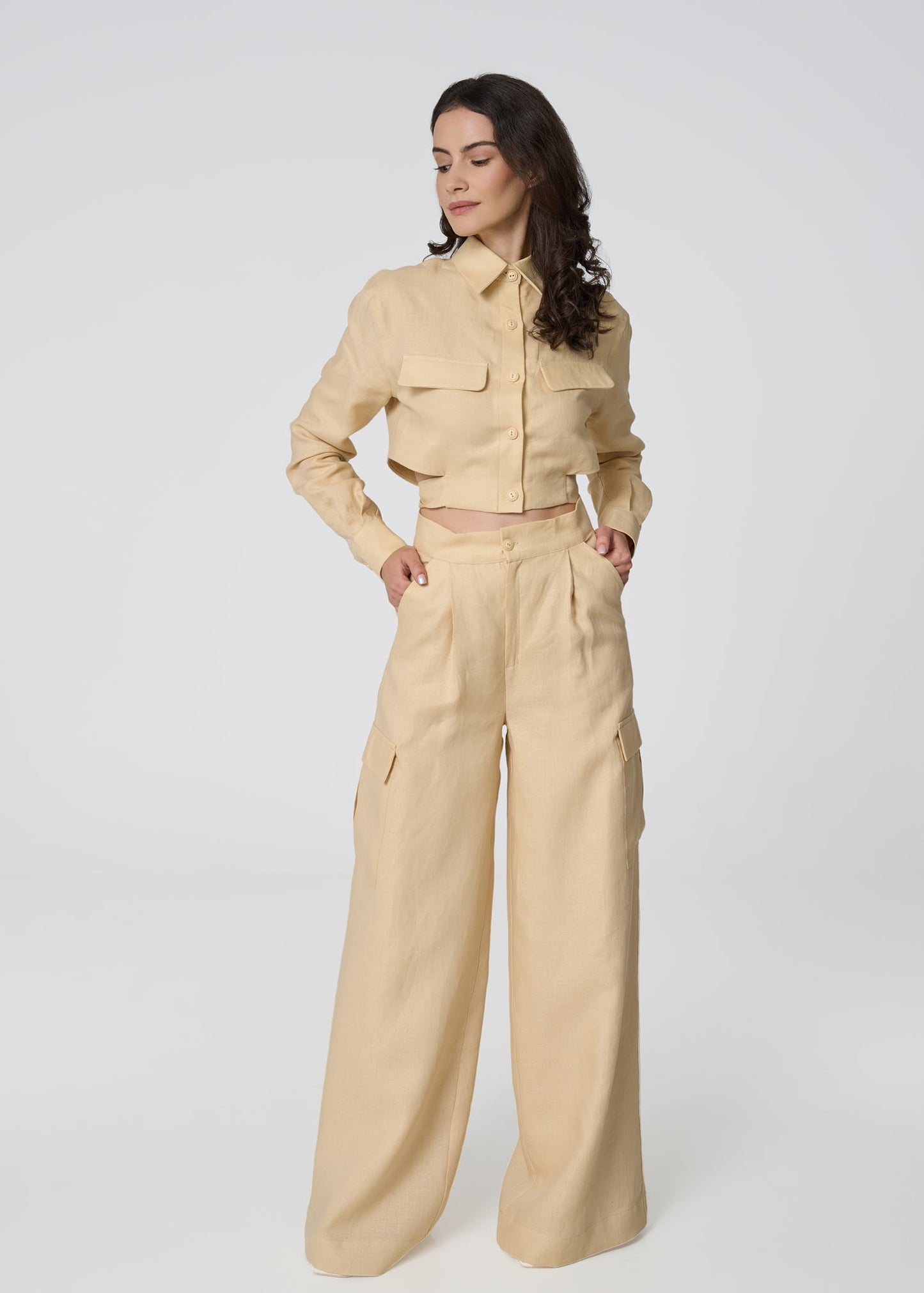 Linen Cropped Shirt with Tie Detail- Beige
