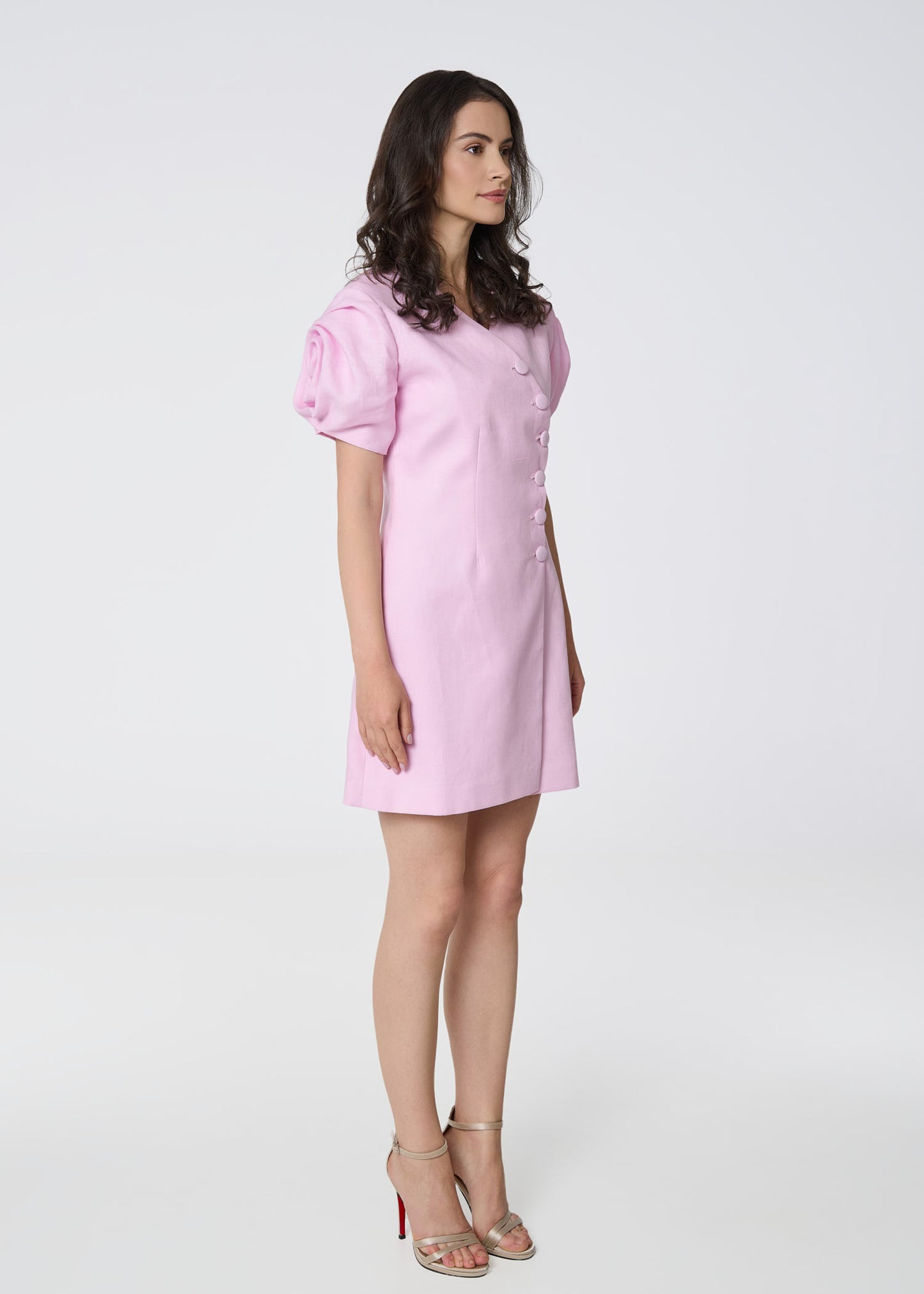 Rosette Linen Mini Dress-Pink