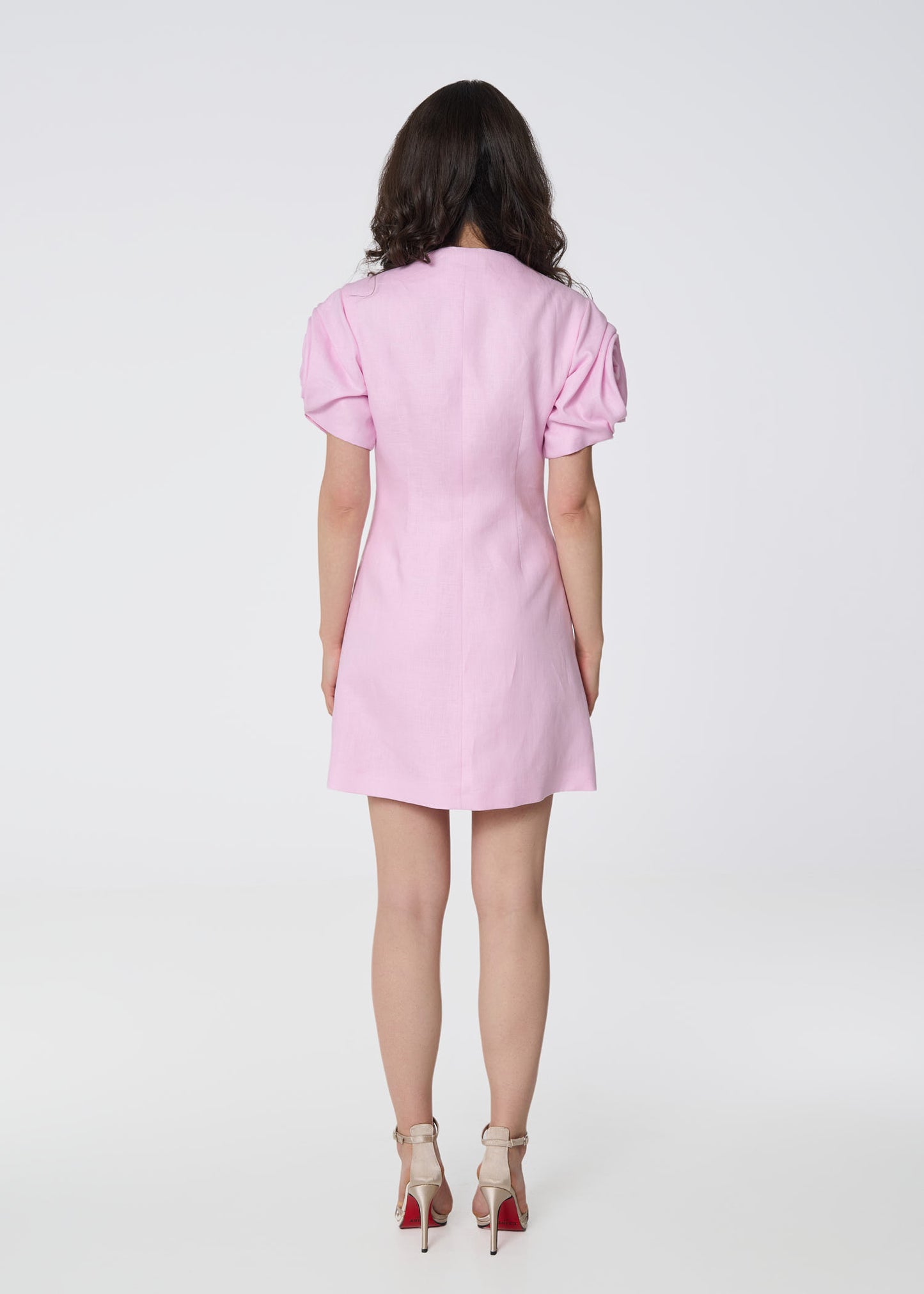 Rosette Linen Mini Dress-Pink