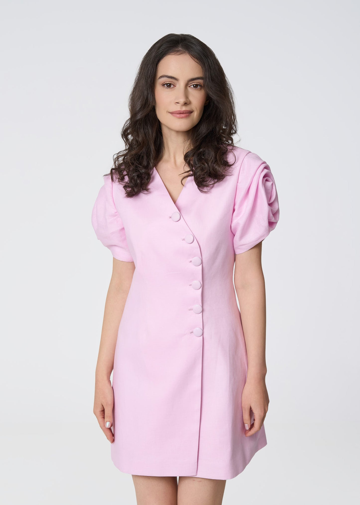 Rosette Linen Mini Dress-Pink
