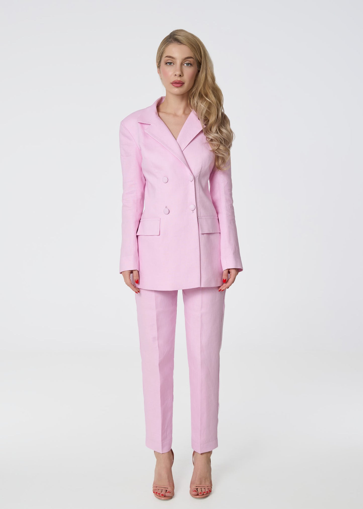 Elegant Double-Breasted Linen Blazer- Pink