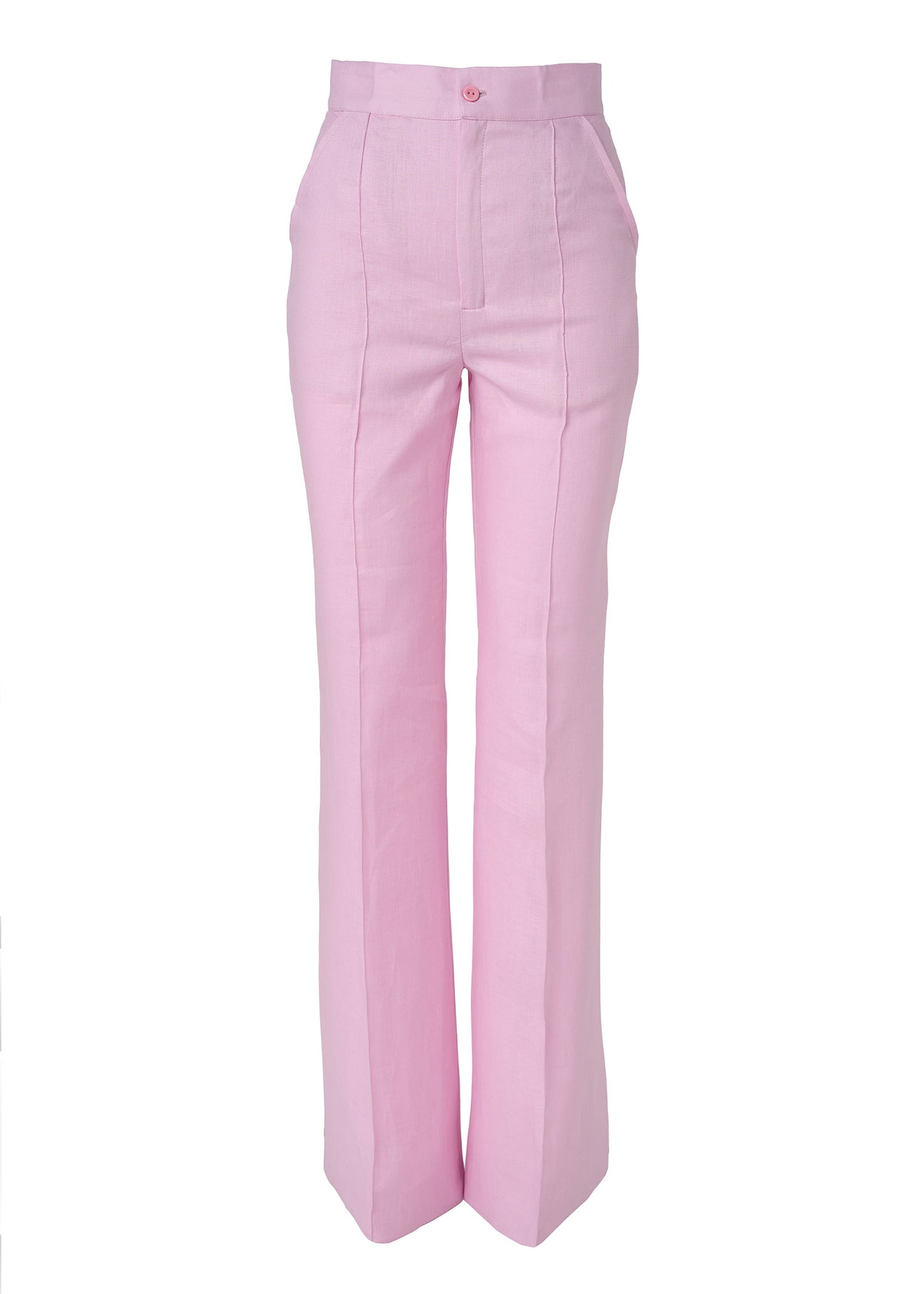 Linen High-Waist Flared Pants- Pink