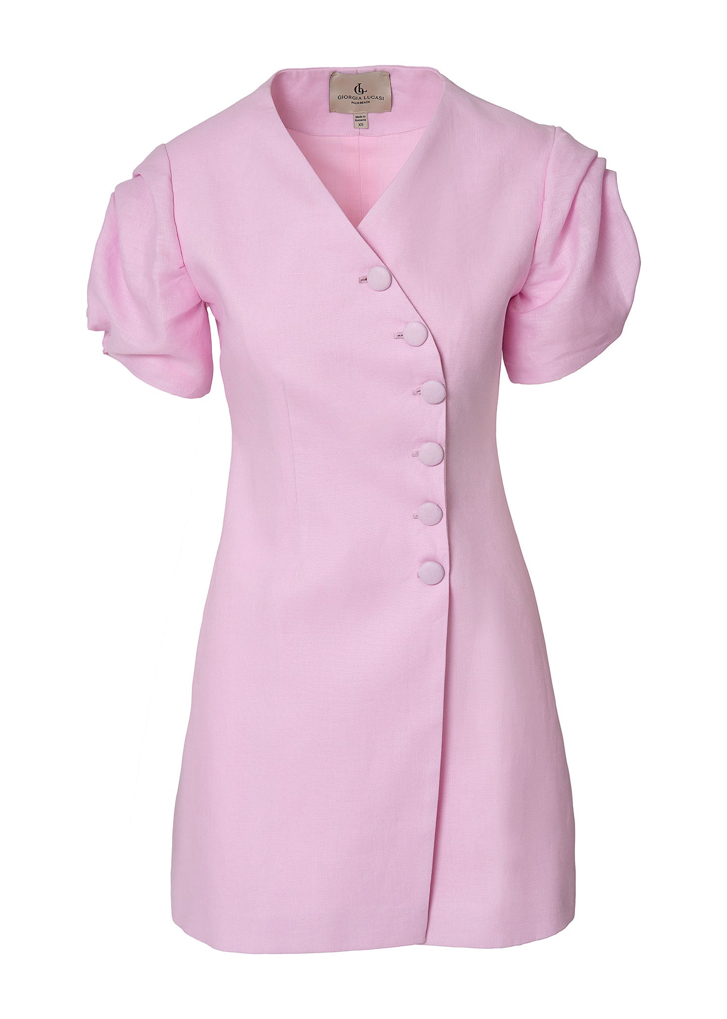 Rosette Linen Mini Dress-Pink