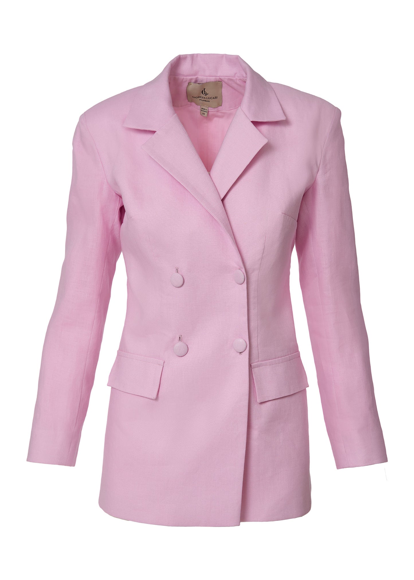Elegant Double-Breasted Linen Blazer- Pink