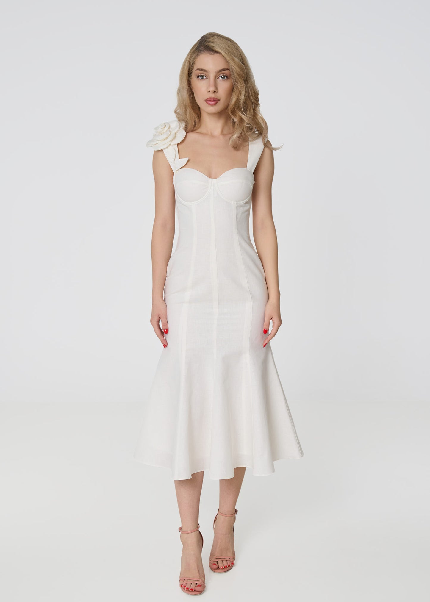 Rosette Elegance Linen Dress- Ivory