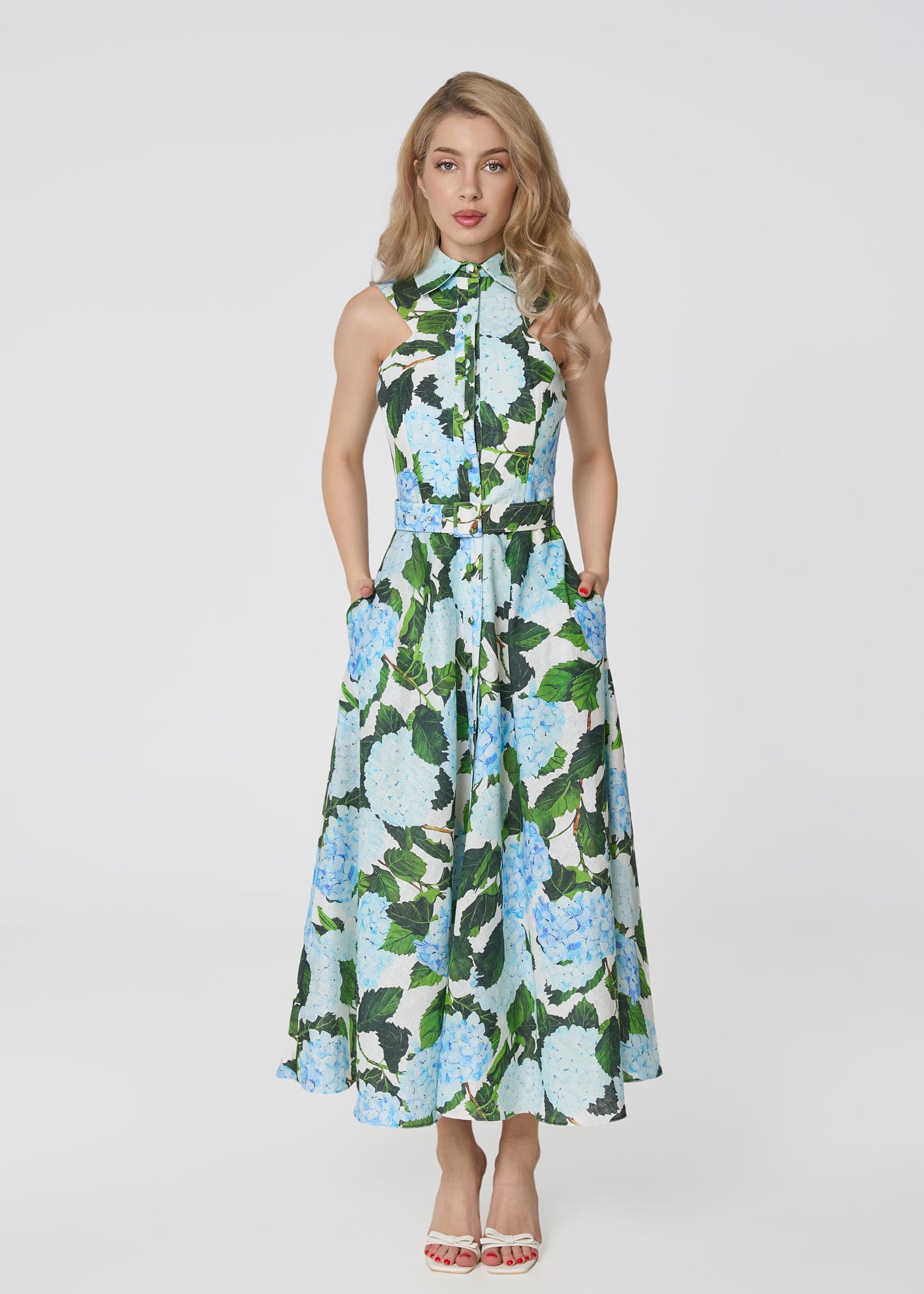 Elysian Grace Linen Midi Dress – Blue Hydrangea Print