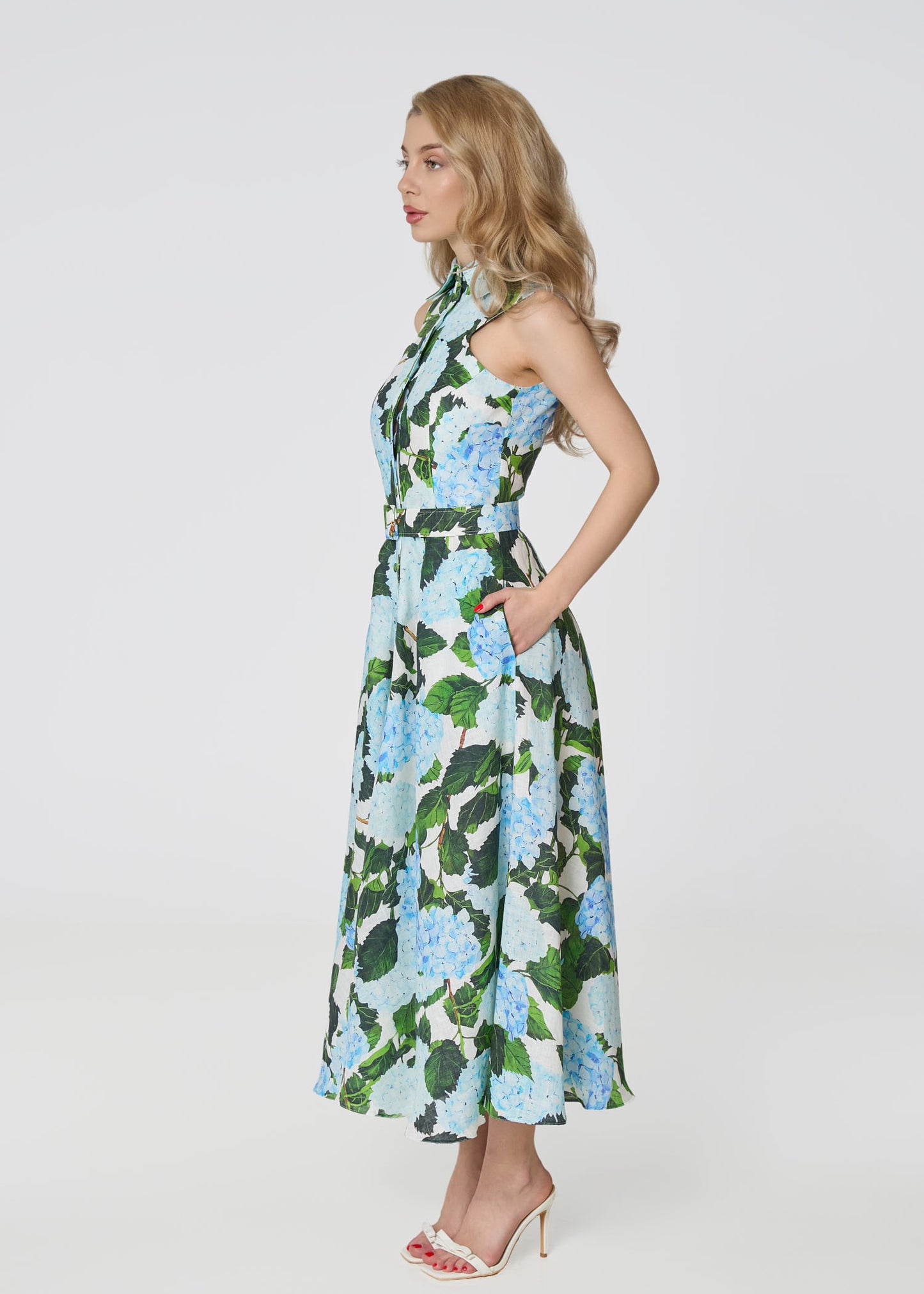 Elysian Grace Linen Midi Dress – Blue Hydrangea Print