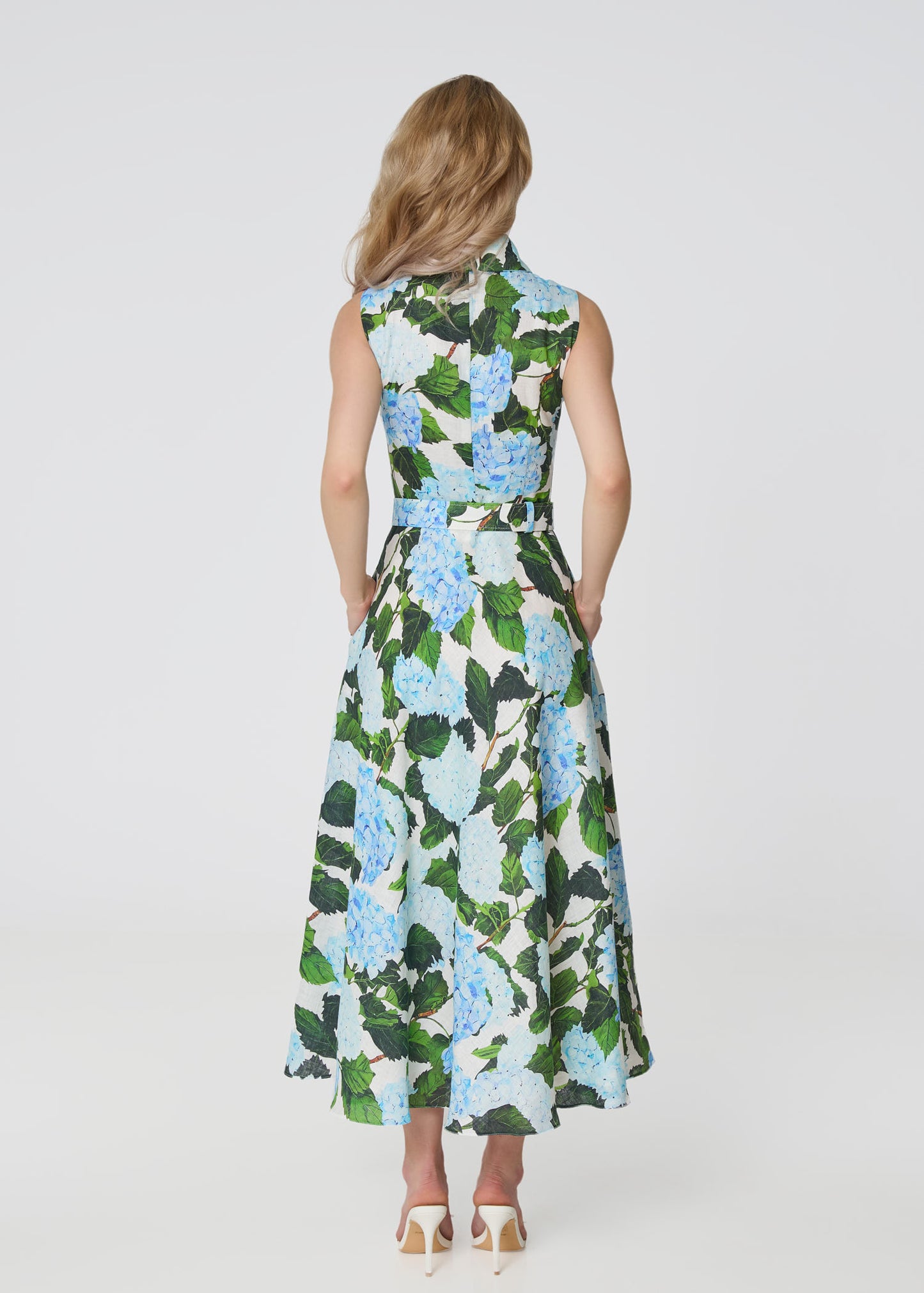 Elysian Grace Linen Midi Dress – Blue Hydrangea Print