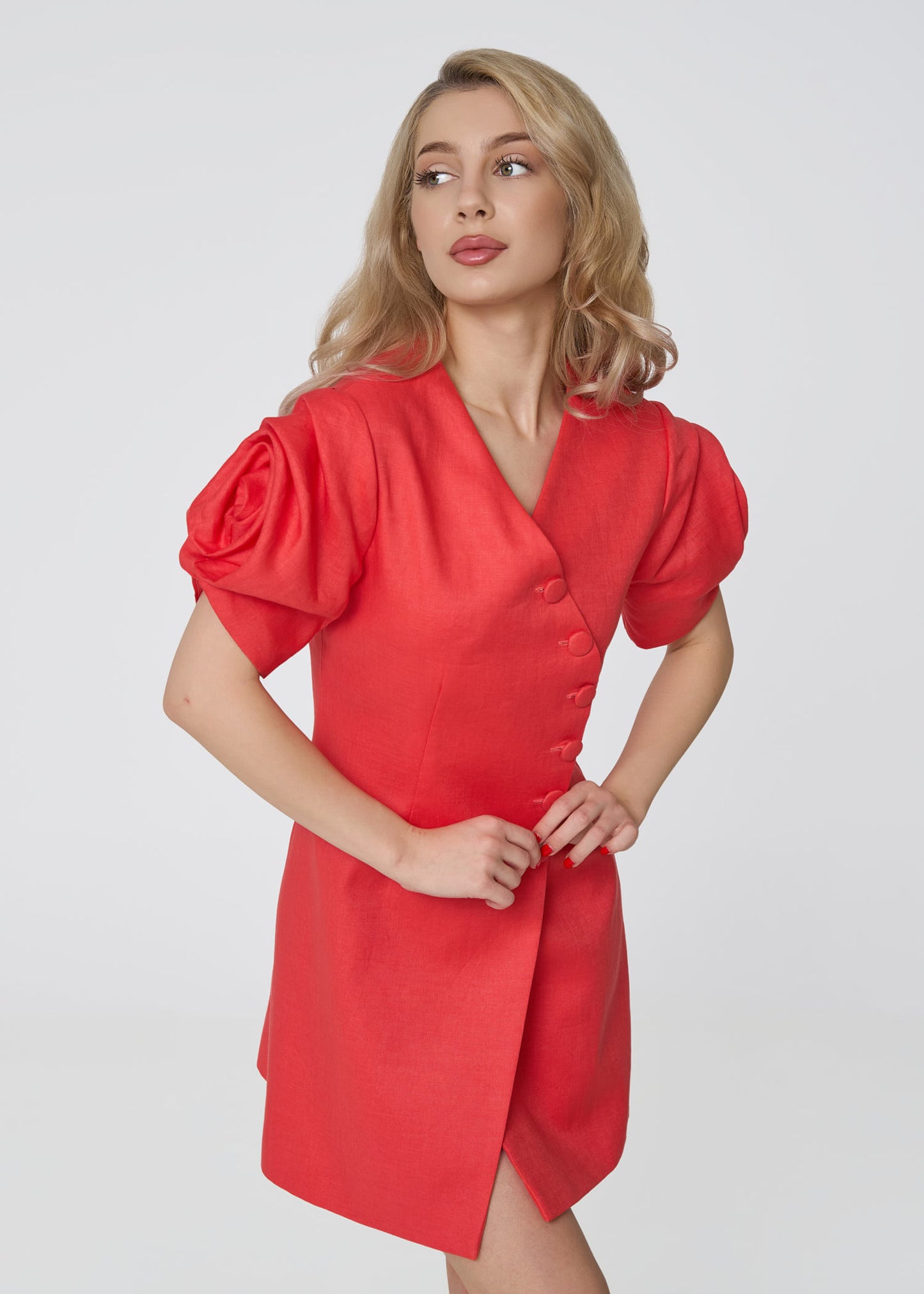 Rosette Linen Mini Dress- Coral