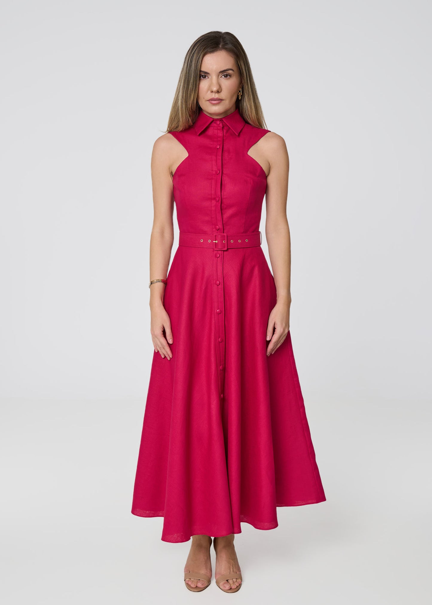 Elysian Grace Linen Midi Dress – Fuchsia