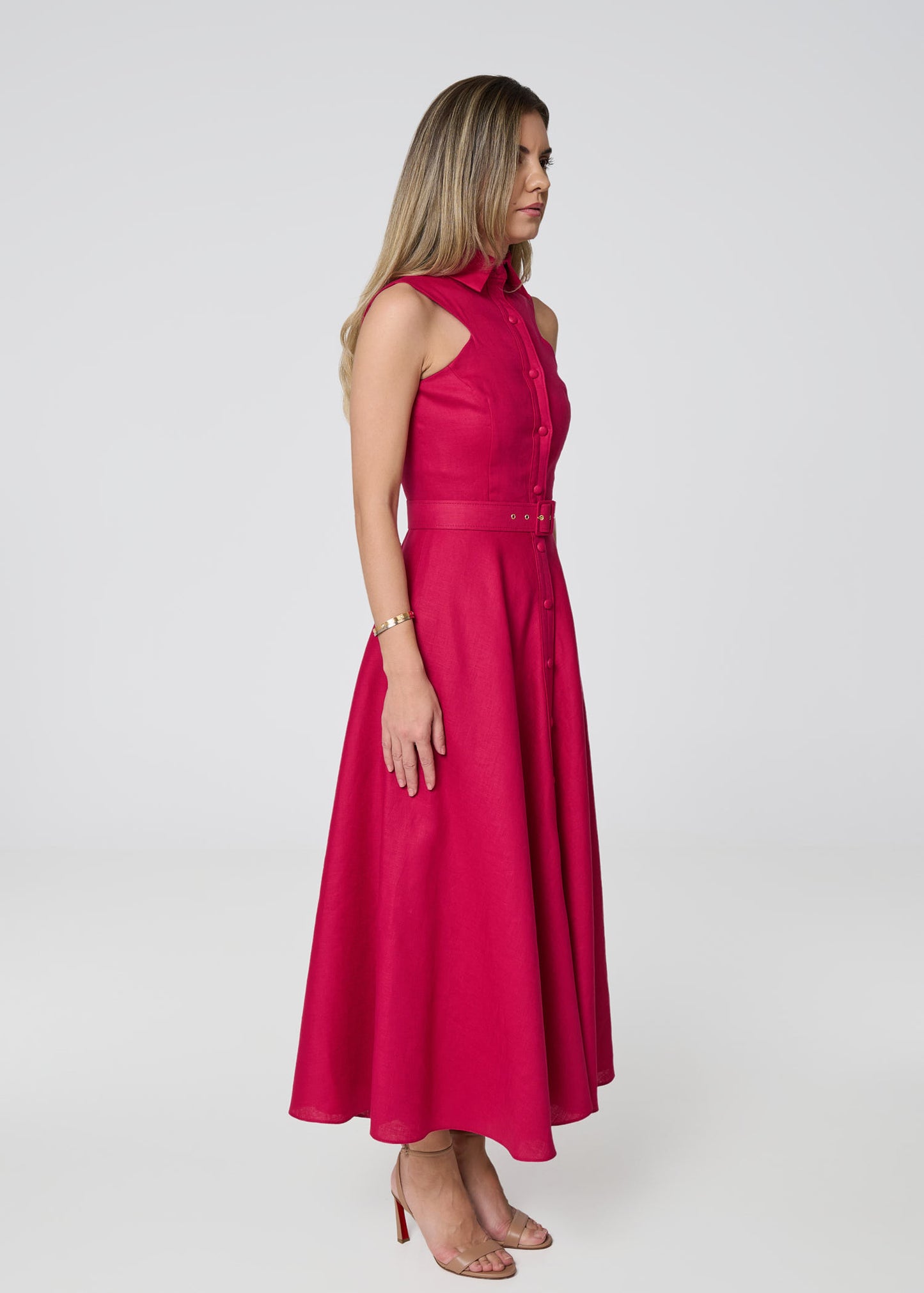 Elysian Grace Linen Midi Dress – Fuchsia