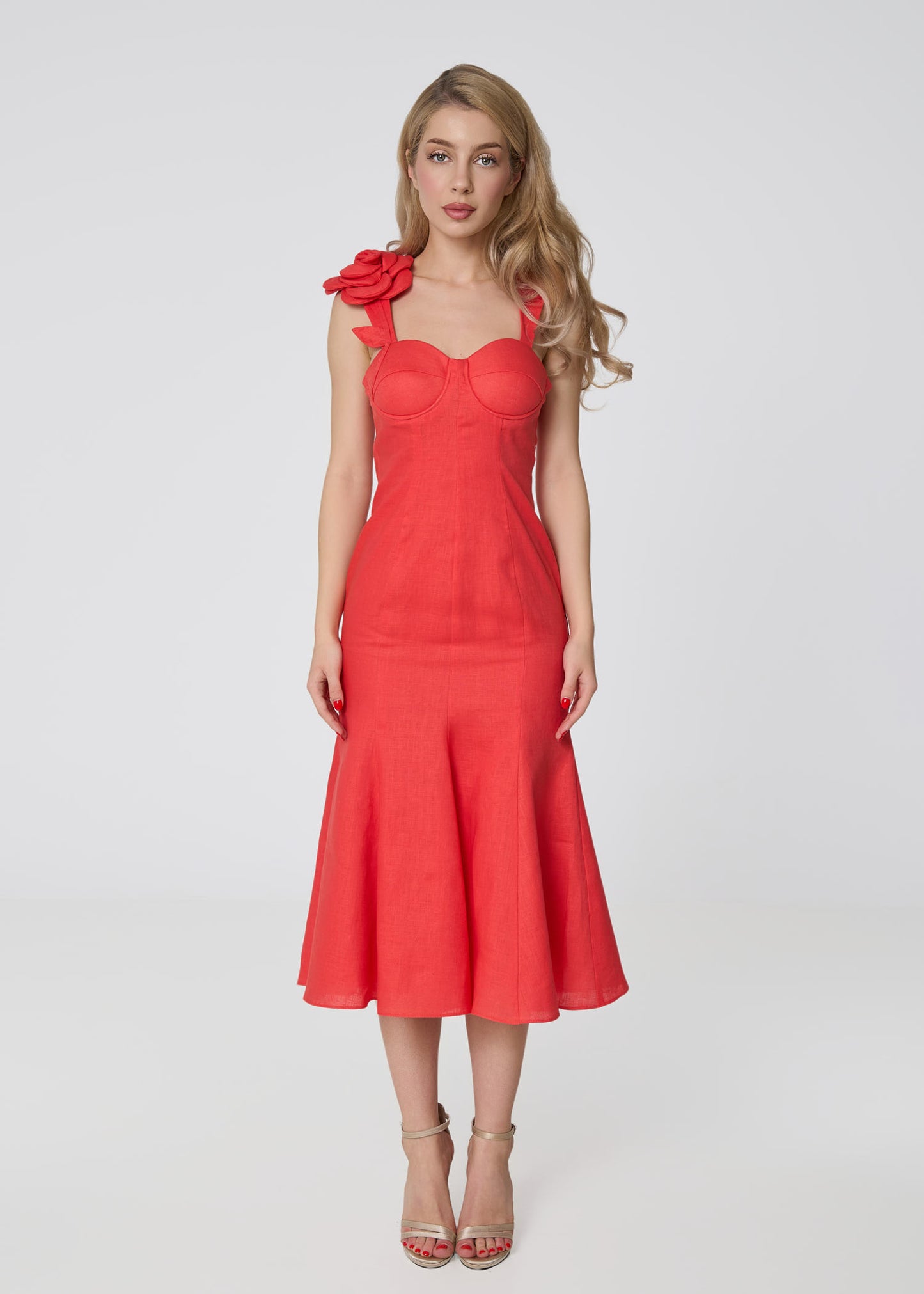 Rosette Elegance Linen Dress- Coral