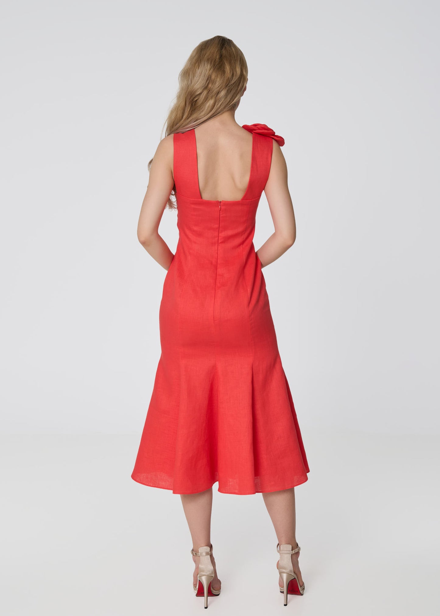 Rosette Elegance Linen Dress- Coral