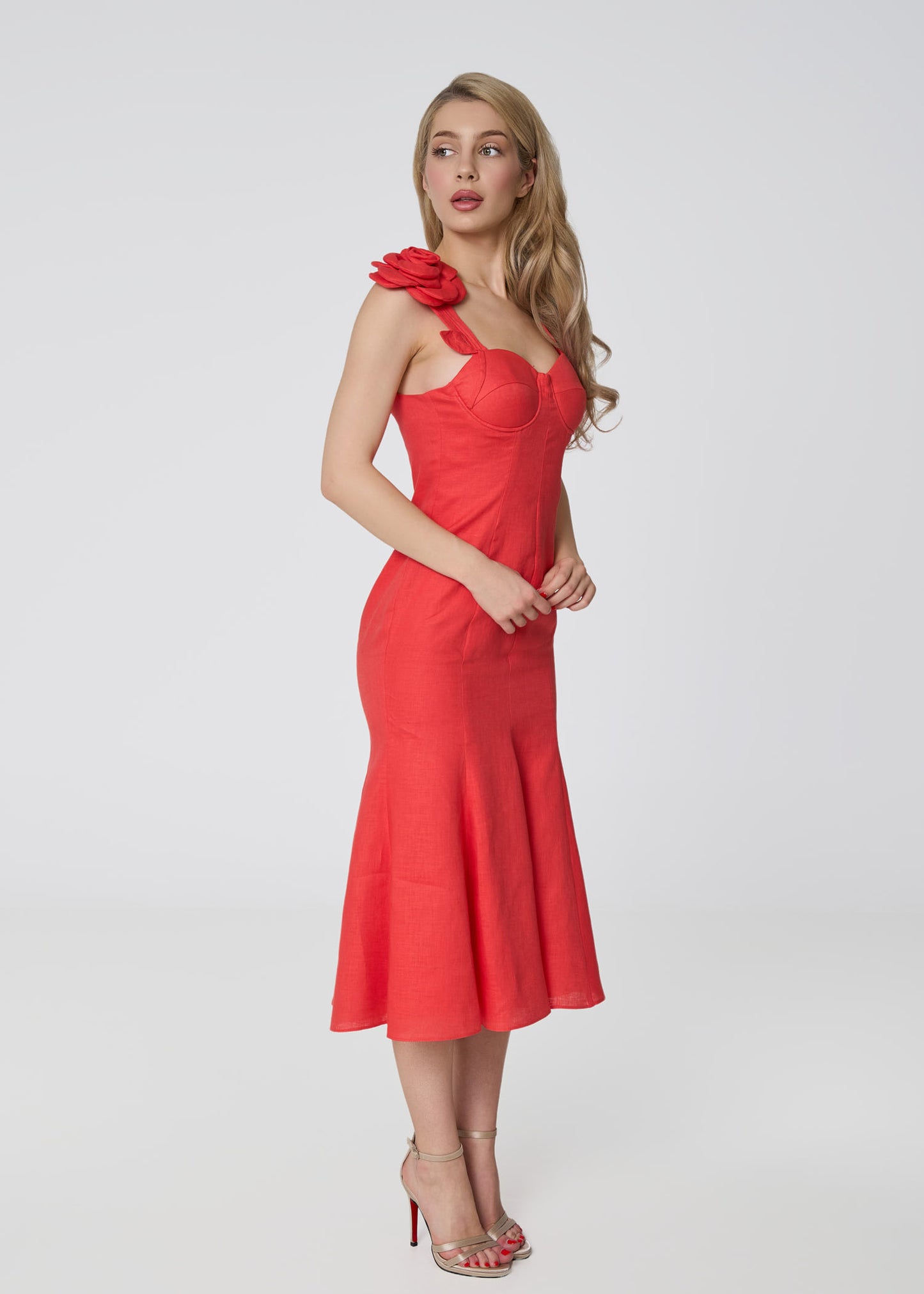 Rosette Elegance Linen Dress- Coral