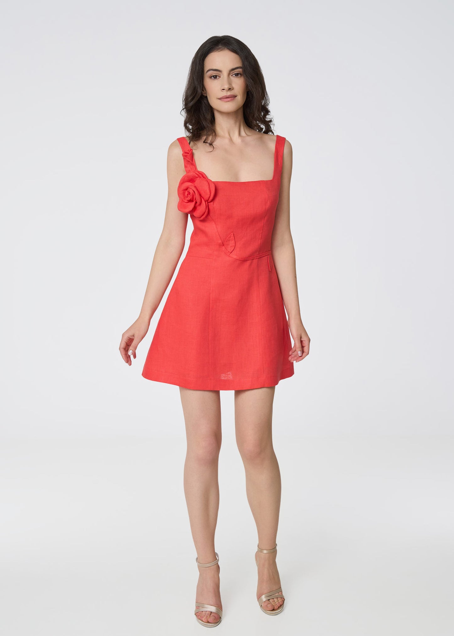 Blooming Grace Linen Mini Dress- Coral