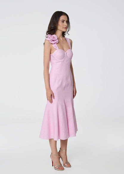 Rosette Elegance Linen Dress- Pink