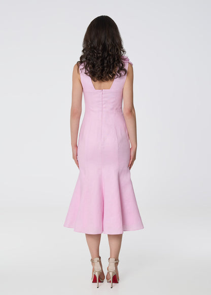 Rosette Elegance Linen Dress- Pink
