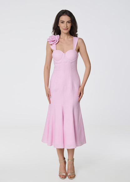 Rosette Elegance Linen Dress- Pink