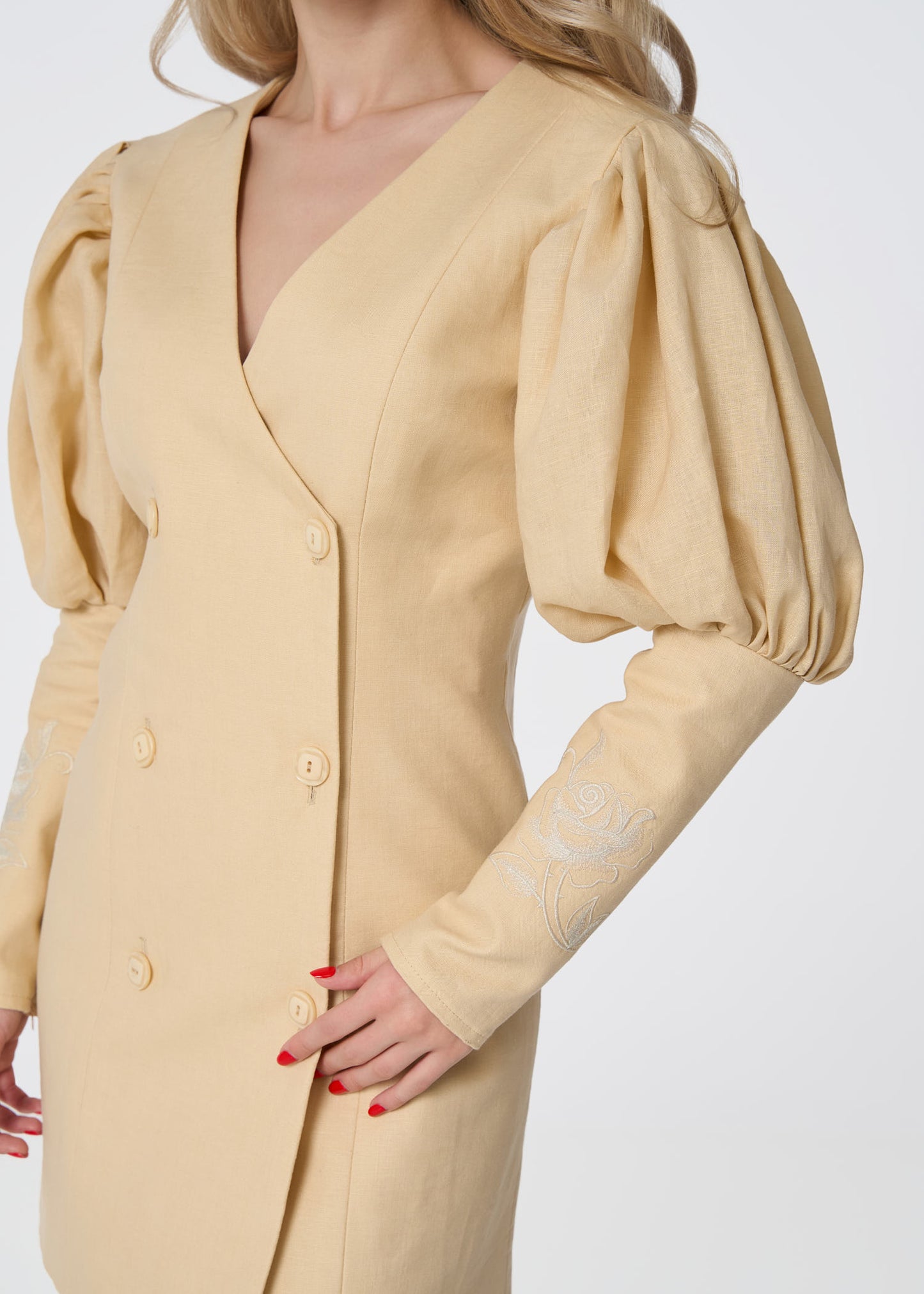 Rose Embroidered Linen Blazer Dress- Beige