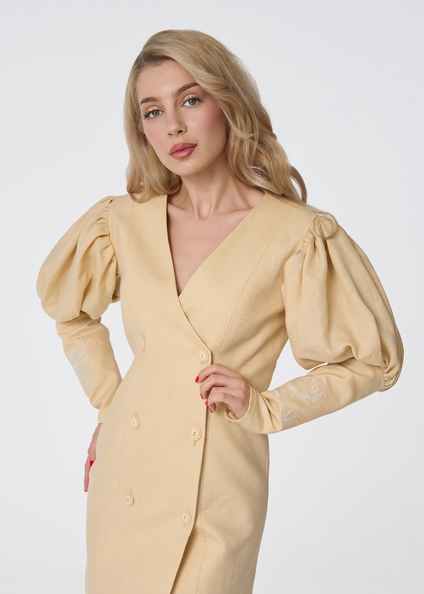 Rose Embroidered Linen Blazer Dress- Beige