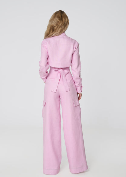 Linen Cropped Shirt with Tie Detail- Pink