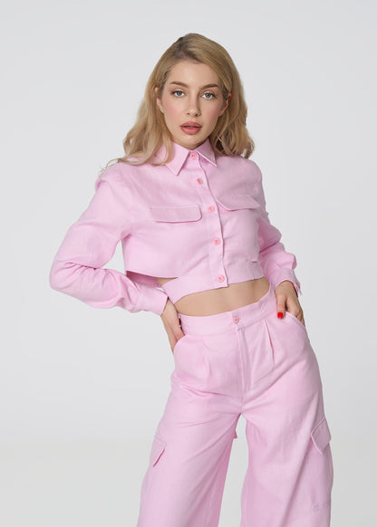 Linen Cropped Shirt with Tie Detail- Pink