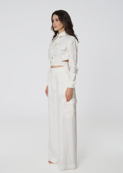 Linen Cropped Shirt with Tie Detail- Ivory