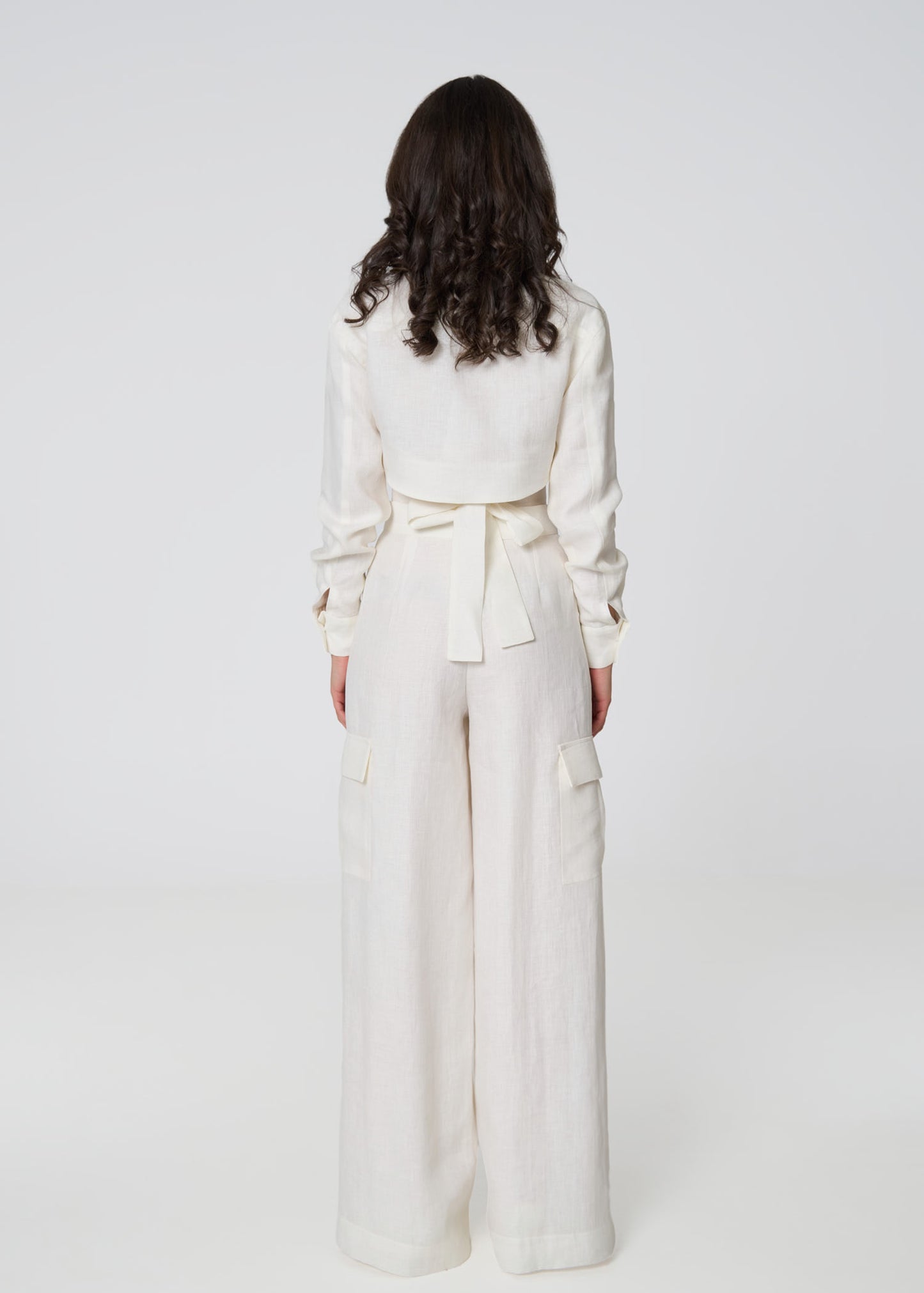 Linen Cropped Shirt with Tie Detail- Ivory