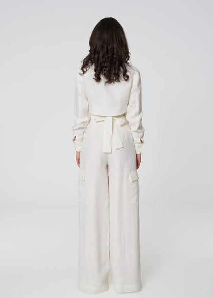 Linen Cropped Shirt with Tie Detail- Ivory