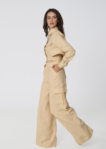 Linen Cropped Shirt with Tie Detail- Beige