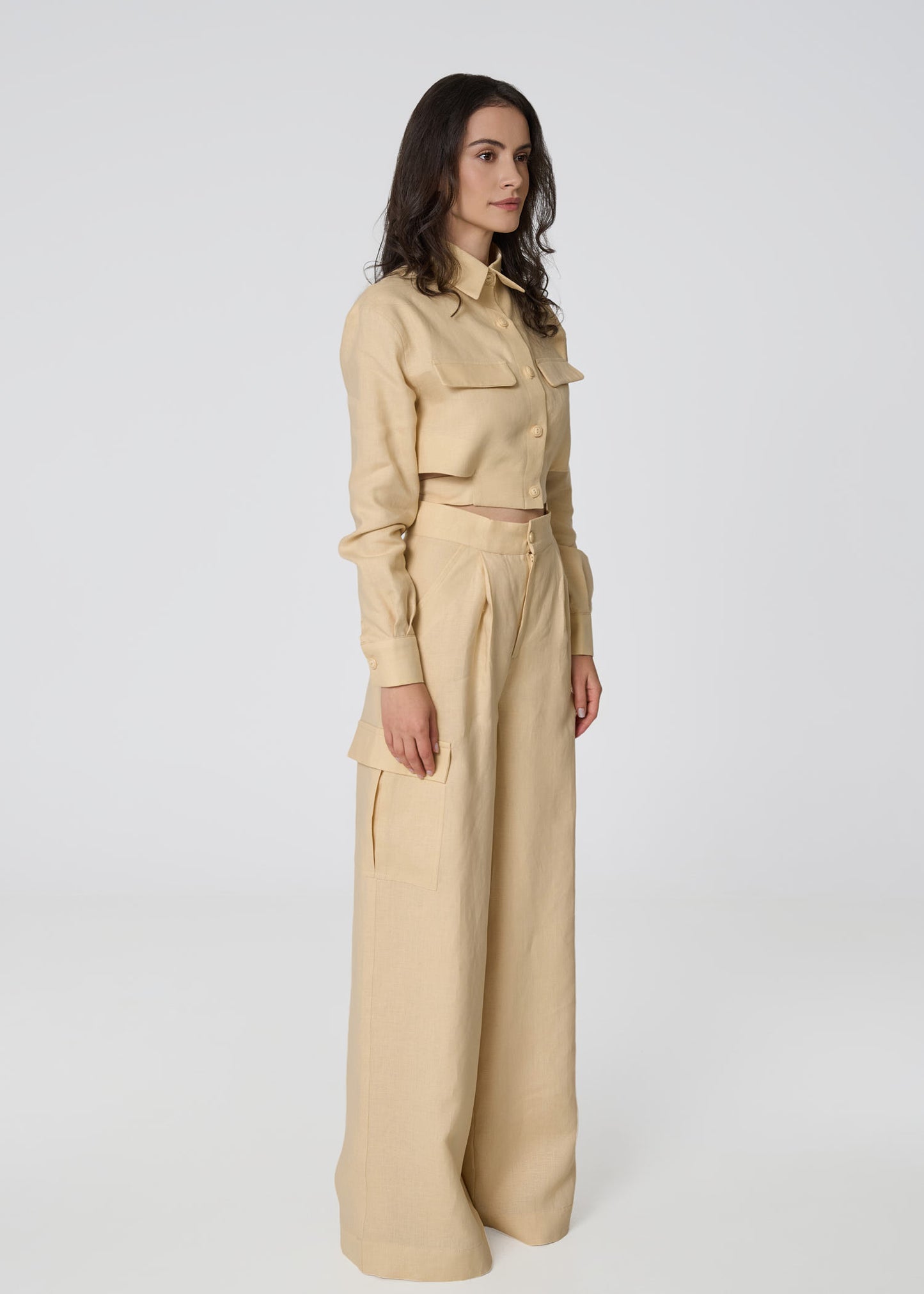 Linen Cropped Shirt with Tie Detail- Beige