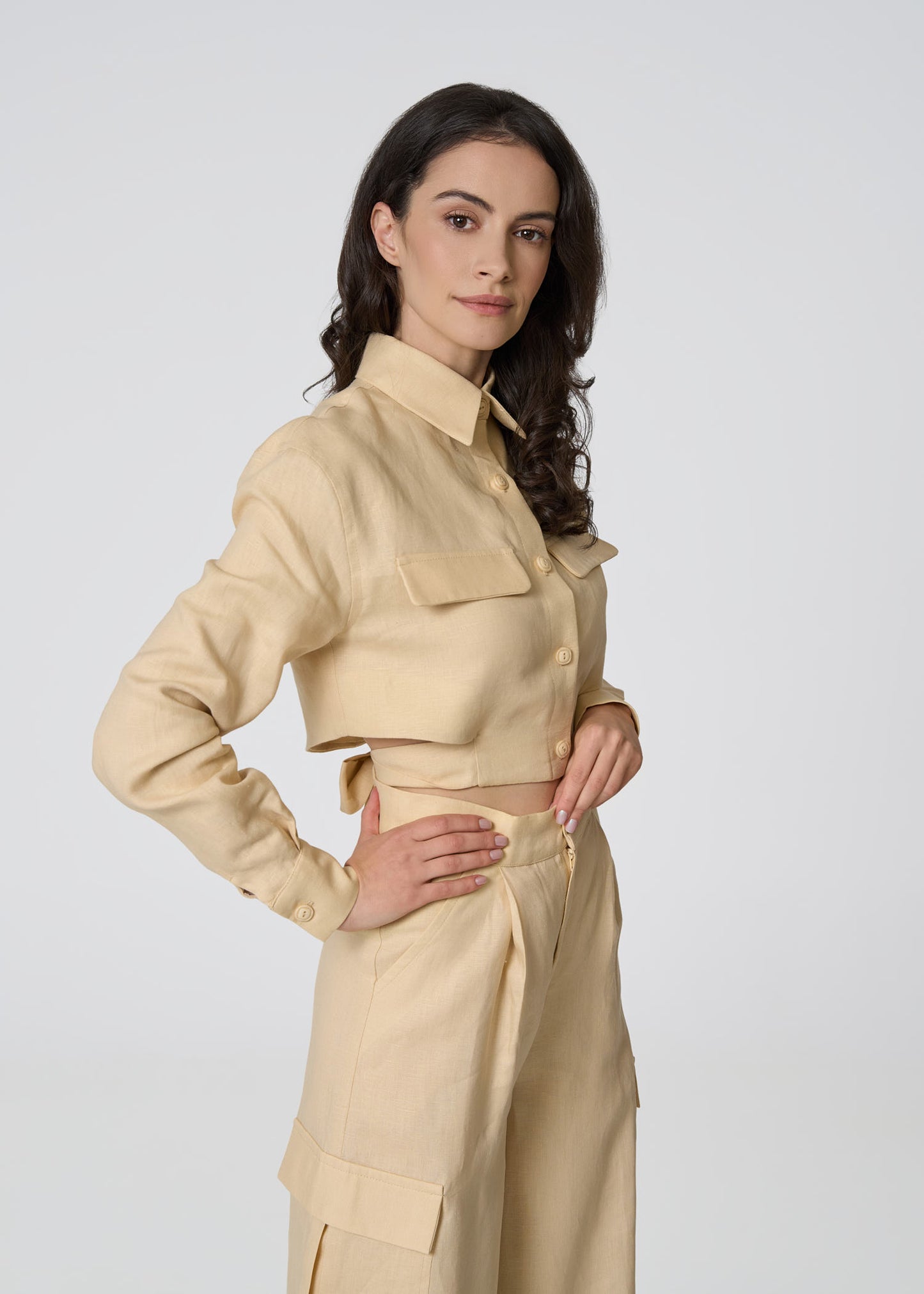 Linen Cropped Shirt with Tie Detail- Beige