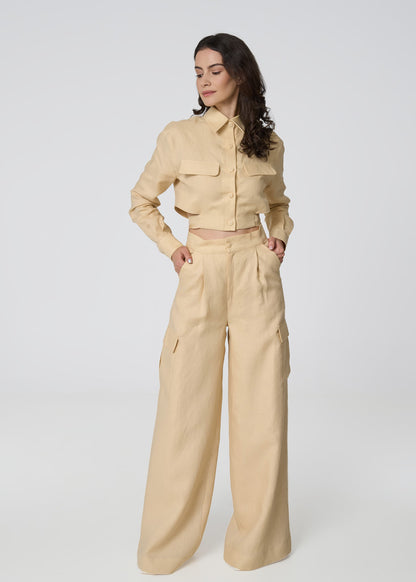 Linen Cropped Shirt with Tie Detail- Beige