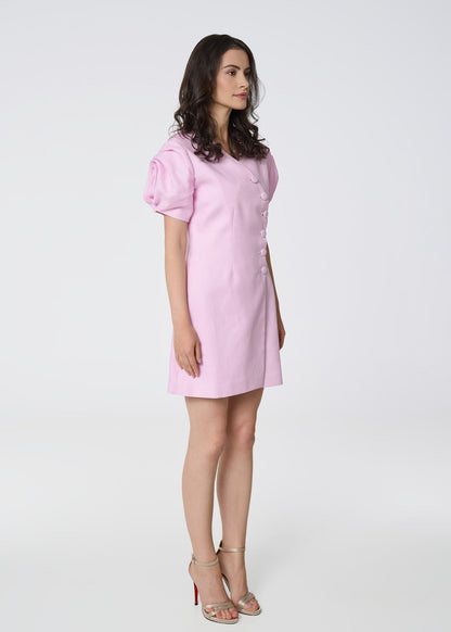 Rosette Linen Mini Dress-Pink
