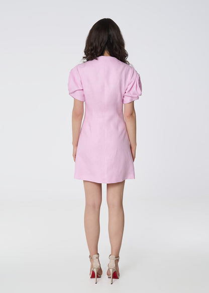 Rosette Linen Mini Dress-Pink