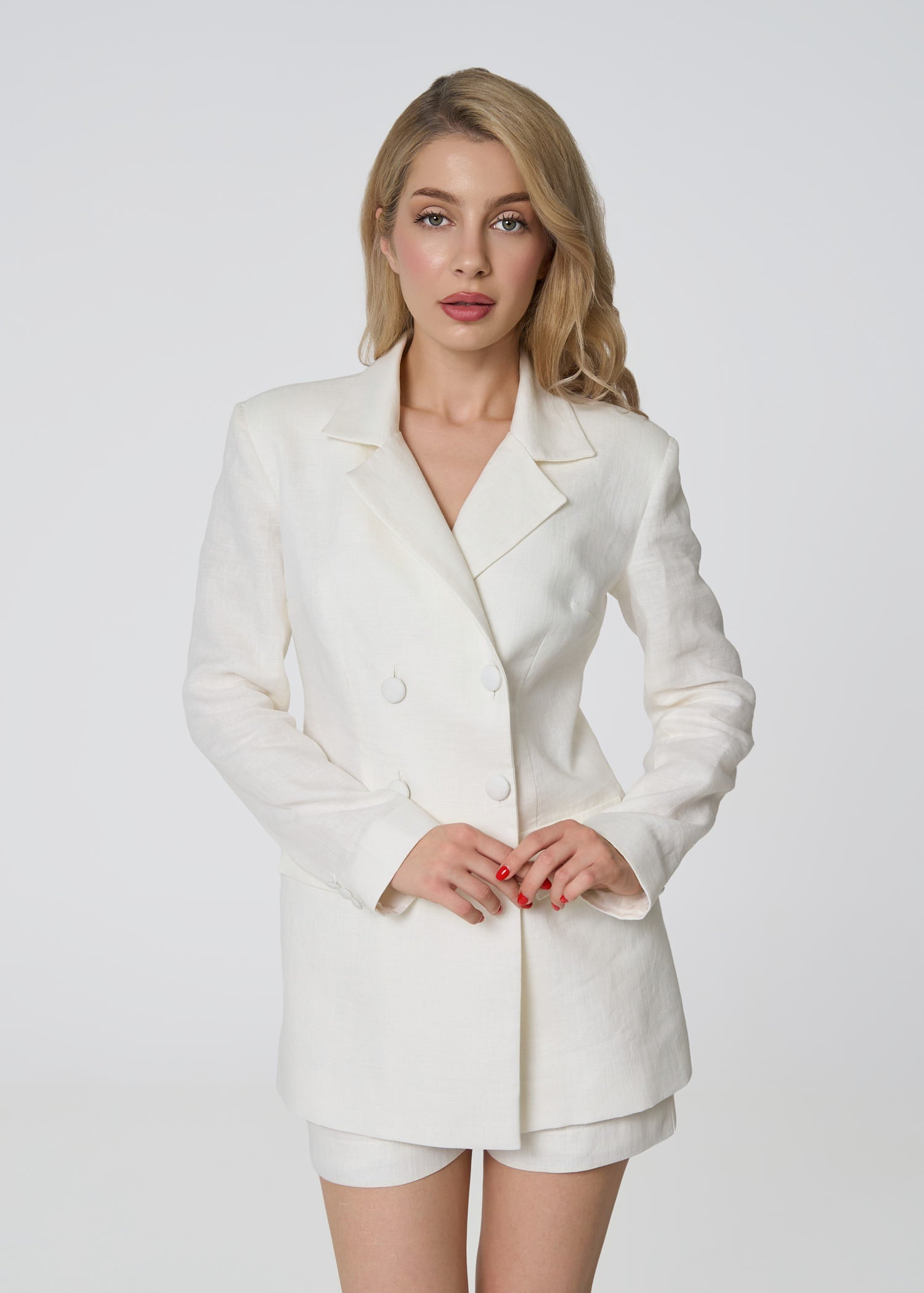 Elegant Double - Breasted Linen Blazer - Ivory - GIORGIA LUCASI