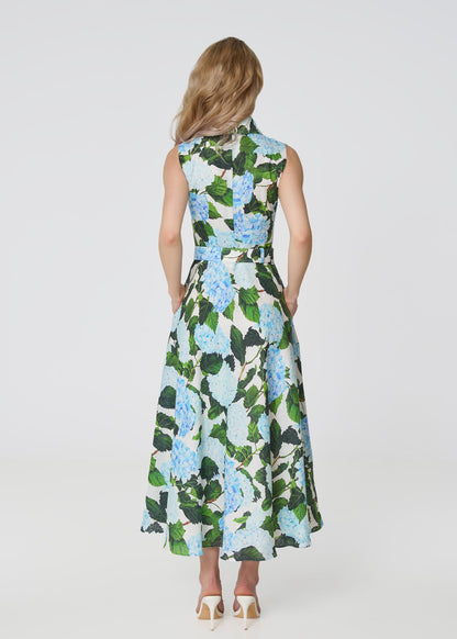 Elysian Grace Linen Midi Dress – Blue Hydrangea Print - GIORGIA LUCASI