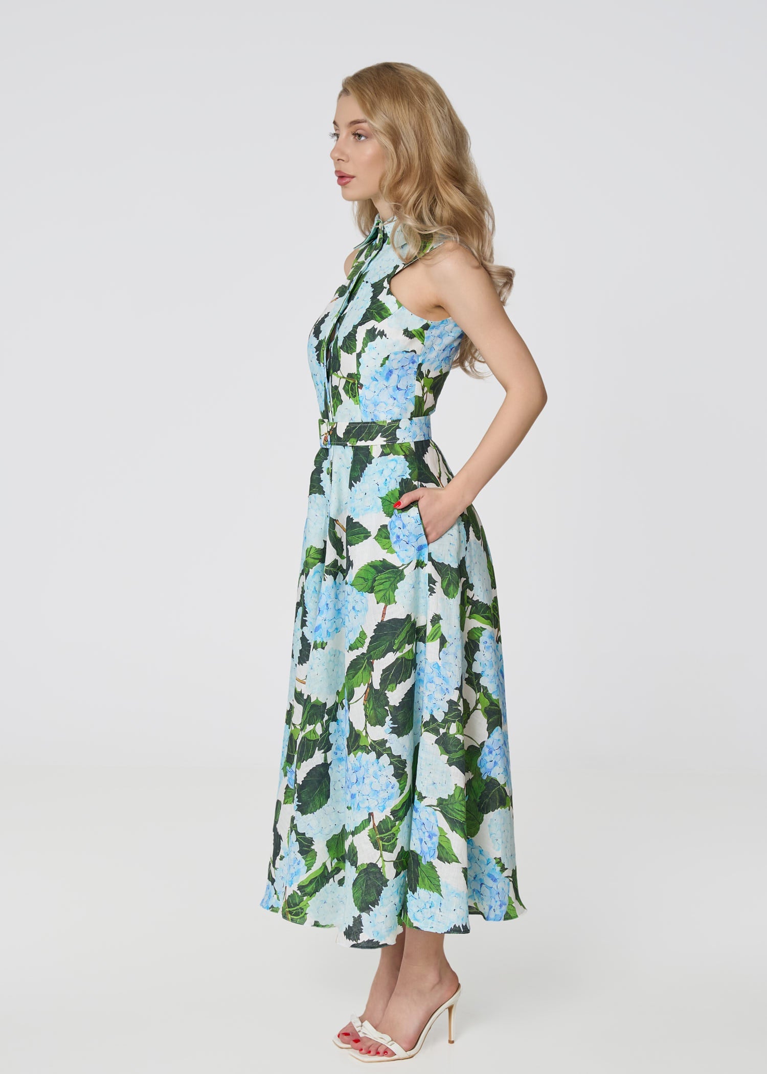 Elysian Grace Linen Midi Dress – Blue Hydrangea Print - GIORGIA LUCASI
