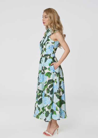 Elysian Grace Linen Midi Dress – Blue Hydrangea Print - GIORGIA LUCASI
