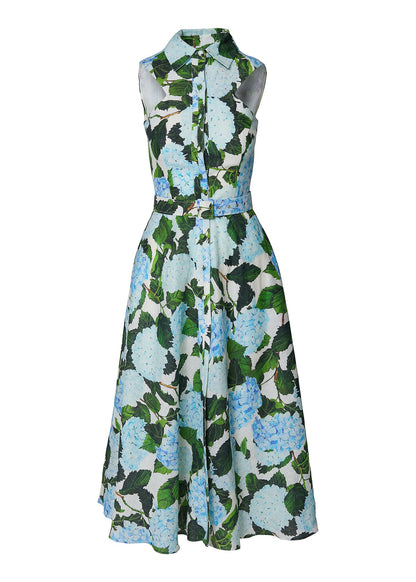Elysian Grace Linen Midi Dress – Blue Hydrangea Print - GIORGIA LUCASI