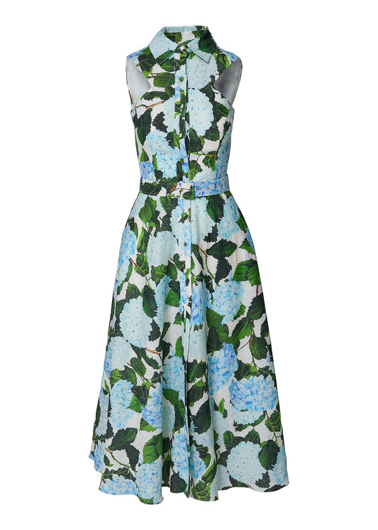 Elysian Grace Linen Midi Dress – Blue Hydrangea Print - GIORGIA LUCASI