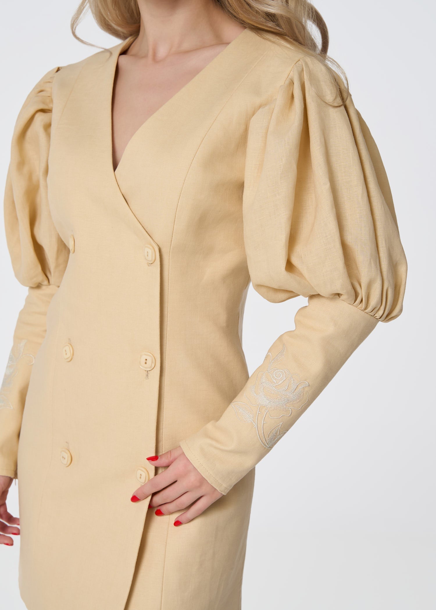 Rose Embroidered Linen Blazer Dress - Beige - GIORGIA LUCASI