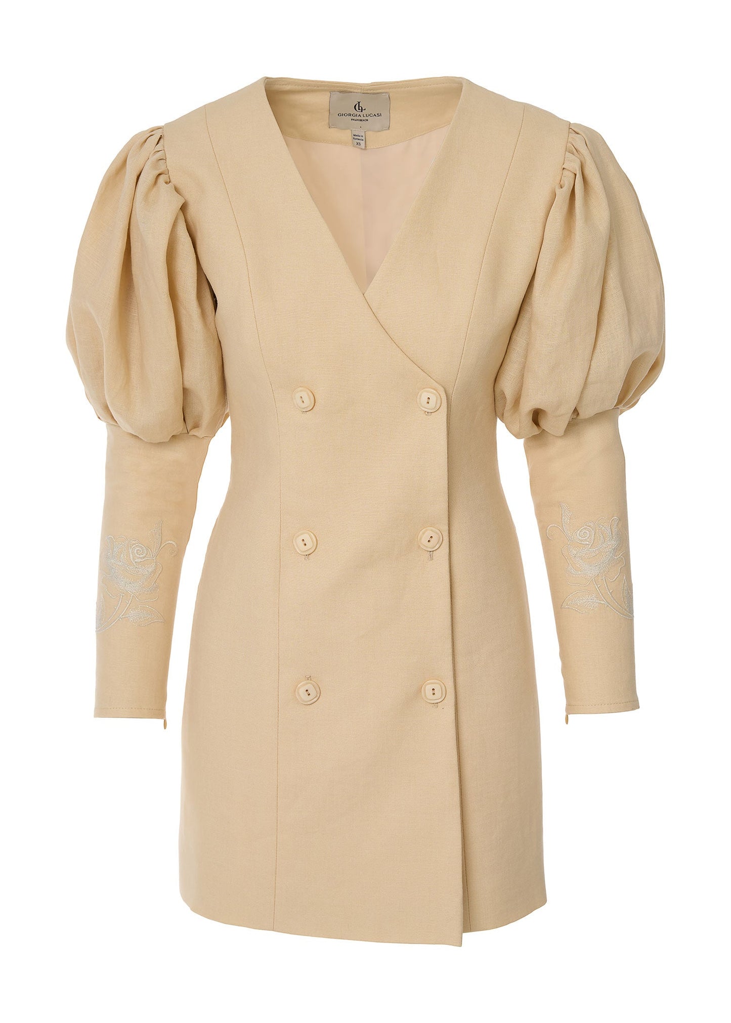 Rose Embroidered Linen Blazer Dress - Beige - GIORGIA LUCASI